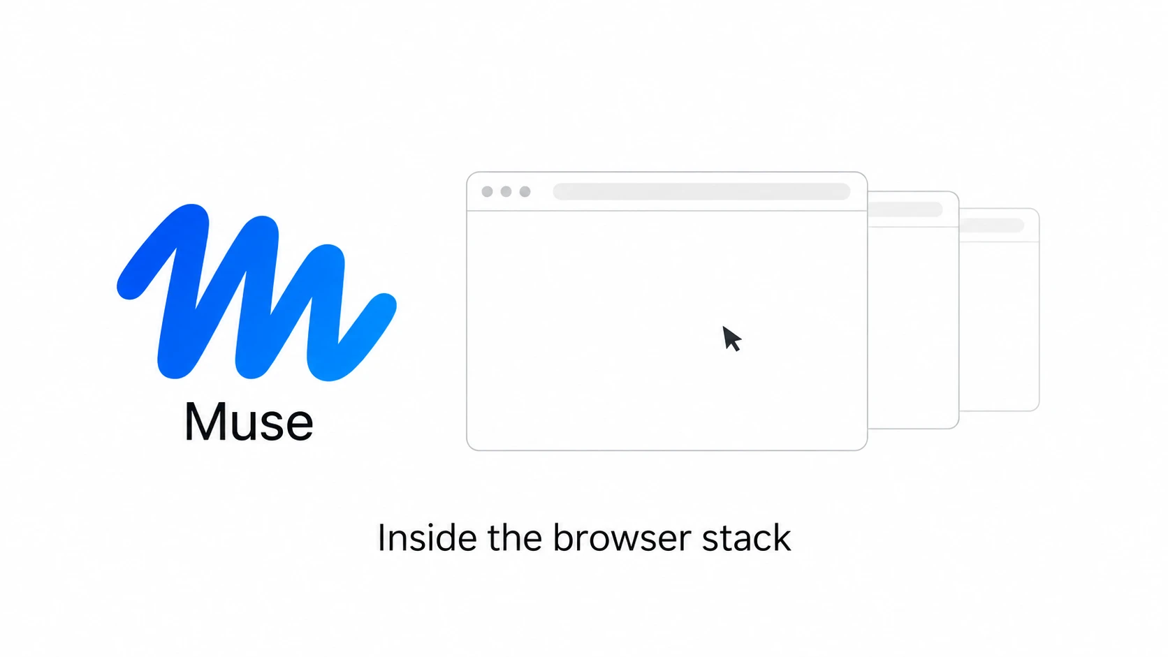 The Muse logo beside a stack of browser windows, captioned Inside the browser stack