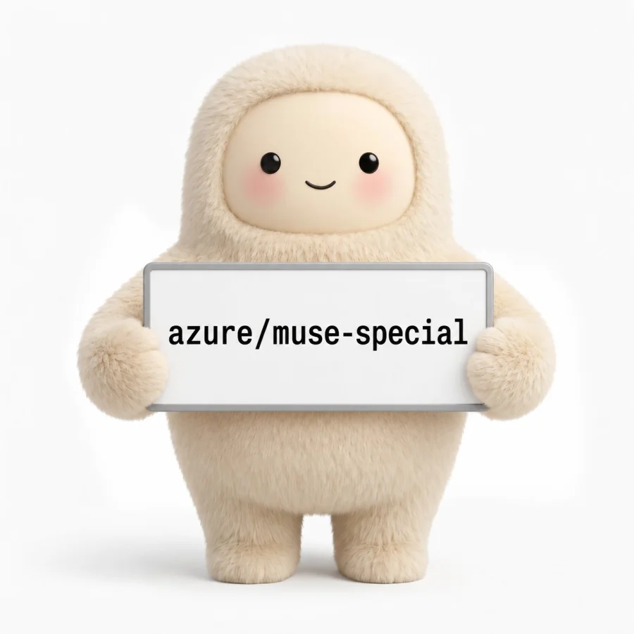A fuzzy mascot holding a sign that reads azure/muse-special