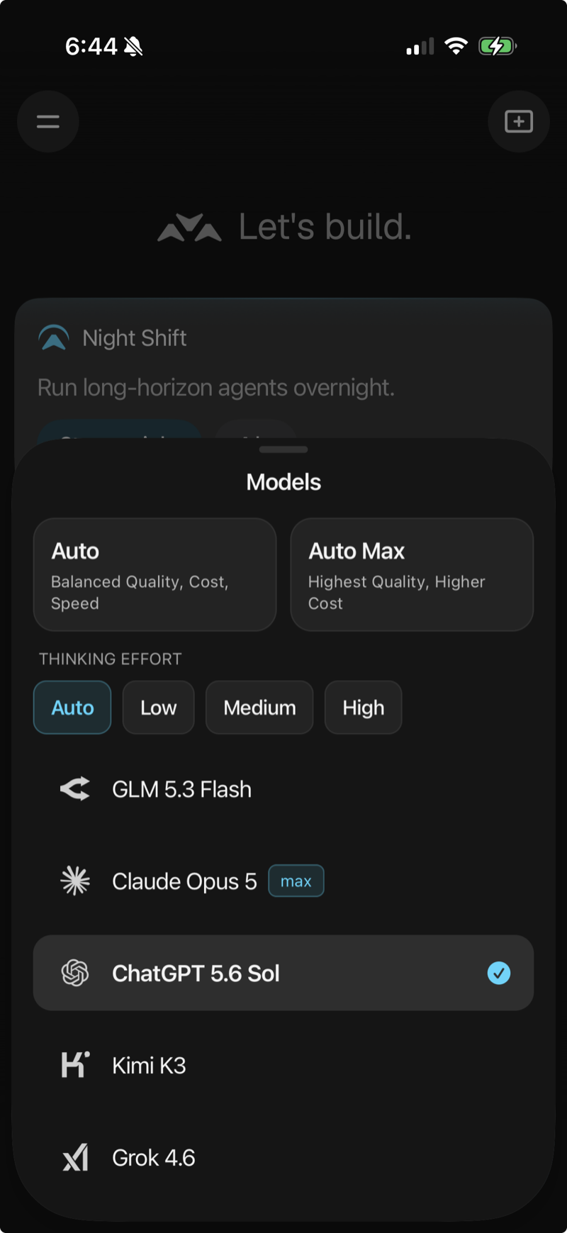 Mouse model picker showing Auto, Auto Max, thinking effort, and Claude Opus 5, ChatGPT 5.6 Sol, Kimi K3, GLM 5.3 Flash, and Grok 4.6